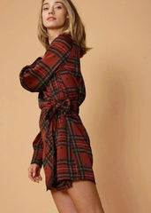 Plaid-polkadot Mini Wrap Dress in Brick - Femstylo