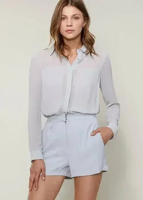 Women's Pleated Button Up Romper In Slate - Femstylo