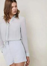 Women's Pleated Button Up Romper In Slate - Femstylo