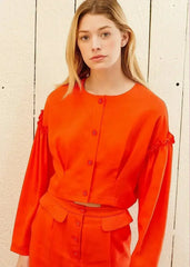 Women's Button Front Long Sleeve Crop Top in Poppy - Femstylo