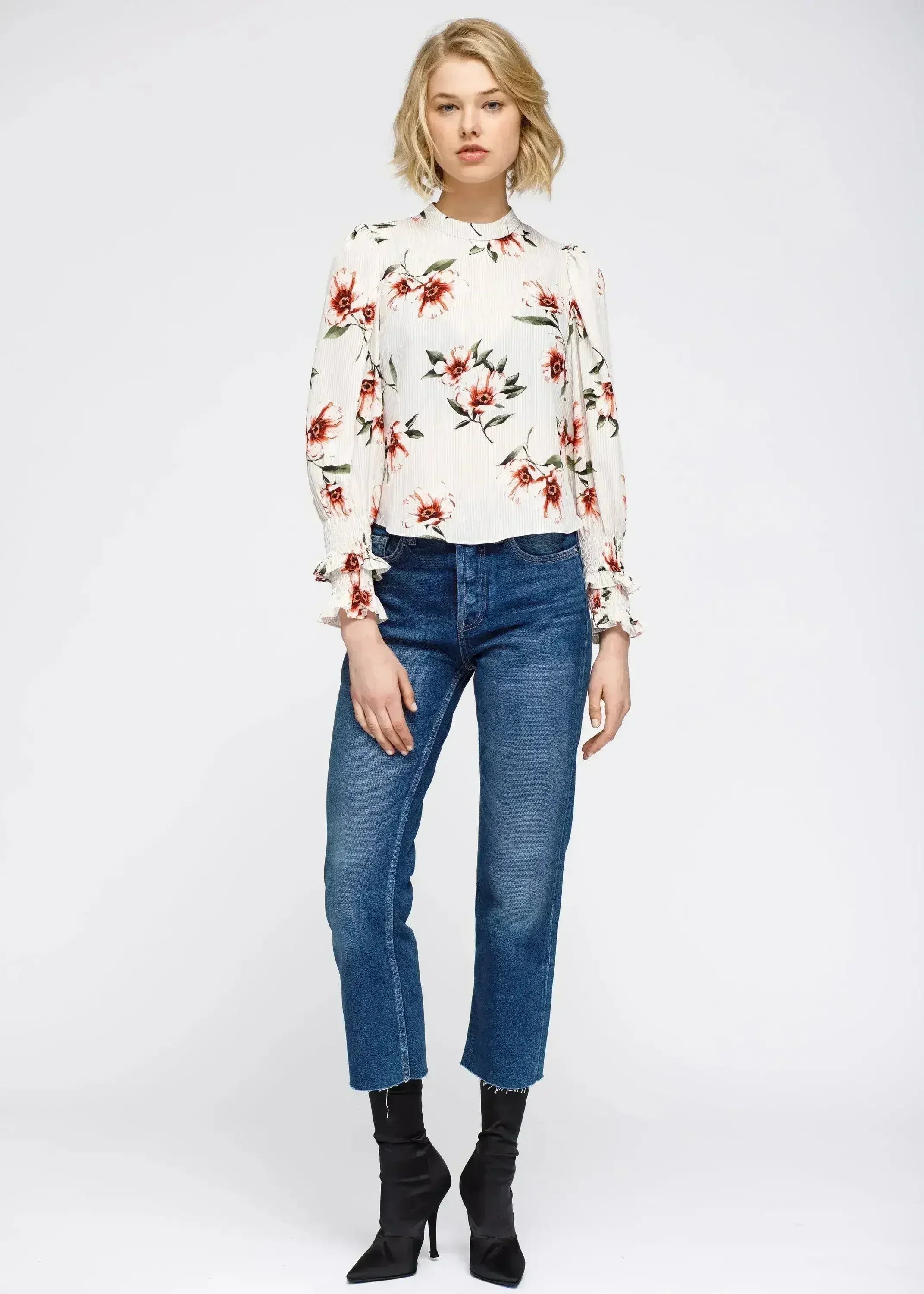 Women's Rust Flower Mockneck Smocked Sleeve Blouse | Femstylo - Femstylo