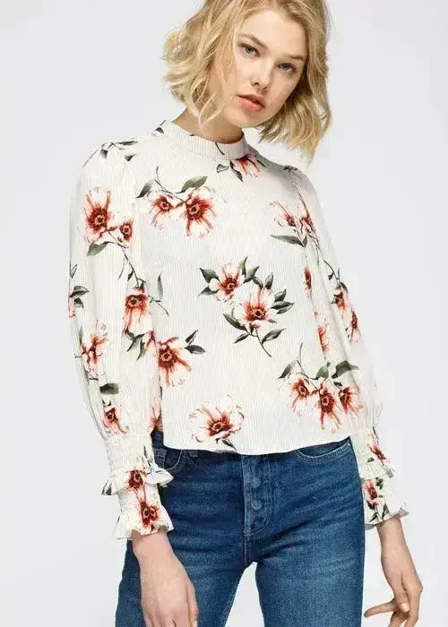 Women's Rust Flower Mockneck Smocked Sleeve Blouse | Femstylo - Femstylo