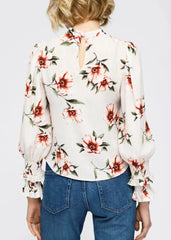 Women's Rust Flower Mockneck Smocked Sleeve Blouse | Femstylo - Femstylo