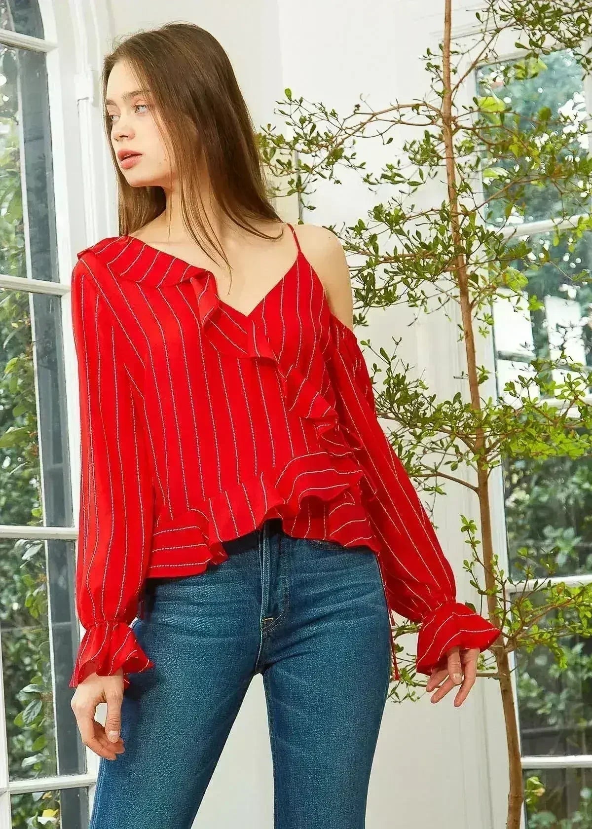 Women's Asymmetrical Shoulder Ruffle Blouse in Red | Femstylo - Femstylo