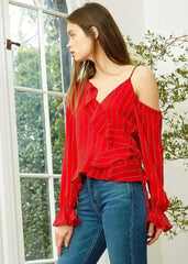 Women's Asymmetrical Shoulder Ruffle Blouse in Red | Femstylo - Femstylo