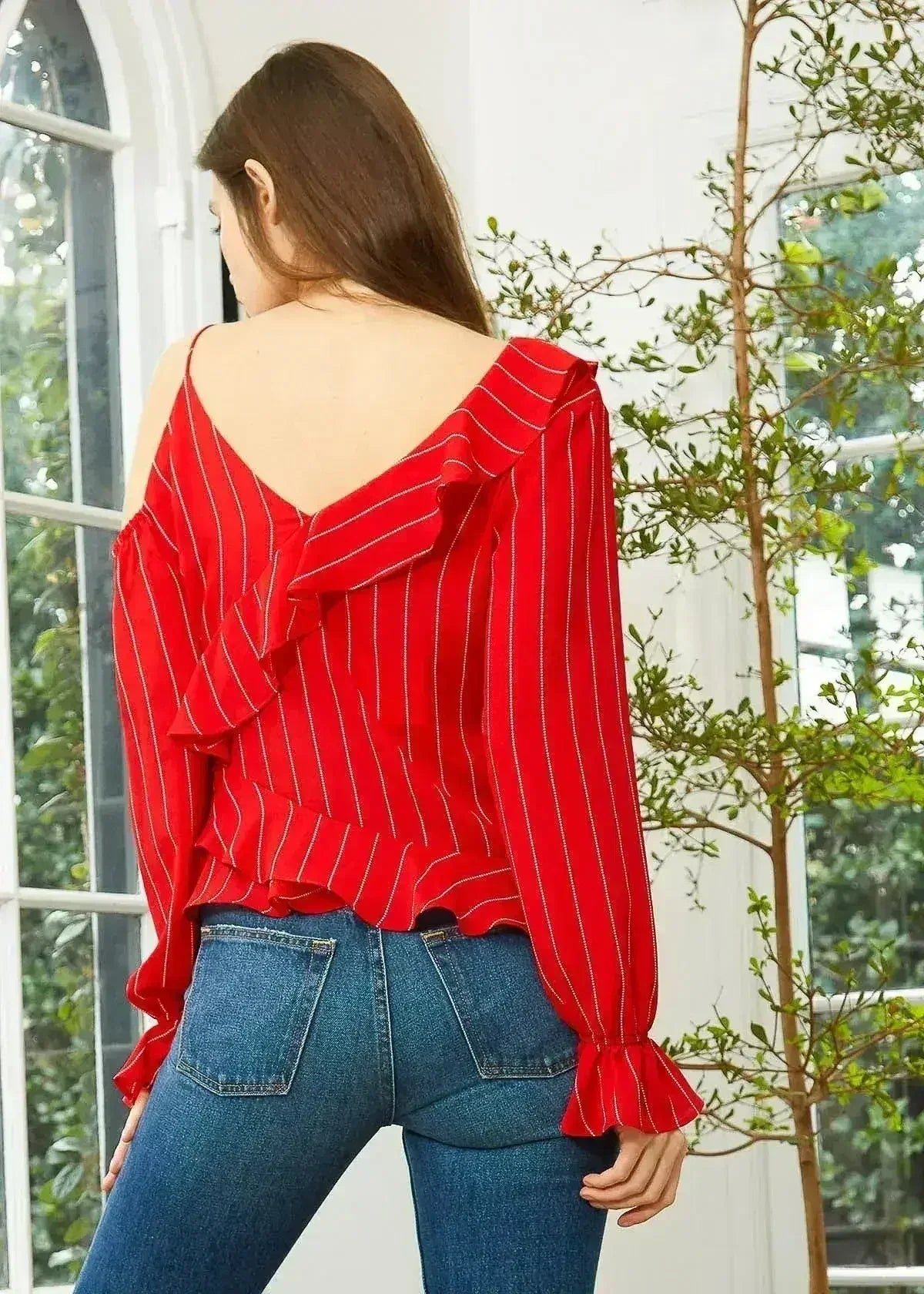 Women's Asymmetrical Shoulder Ruffle Blouse in Red | Femstylo - Femstylo
