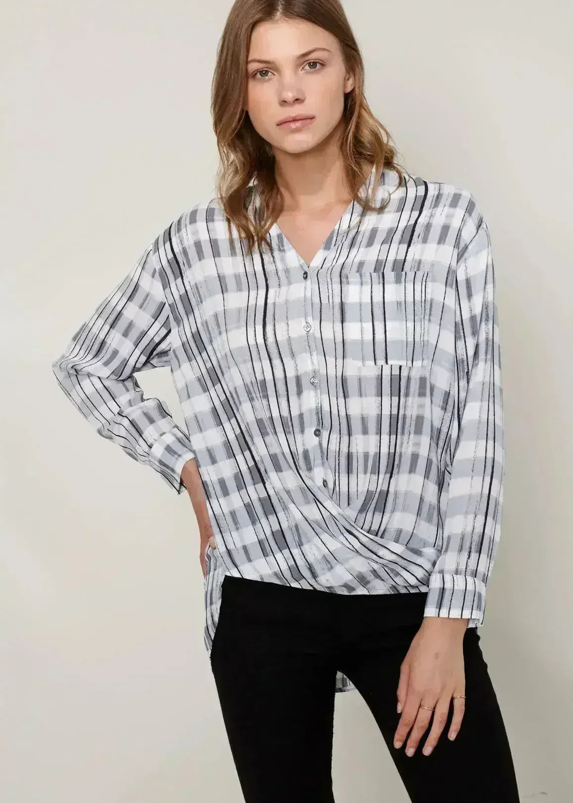 Printed Wrap Hem Checked Blouse | Femstylo - Femstylo