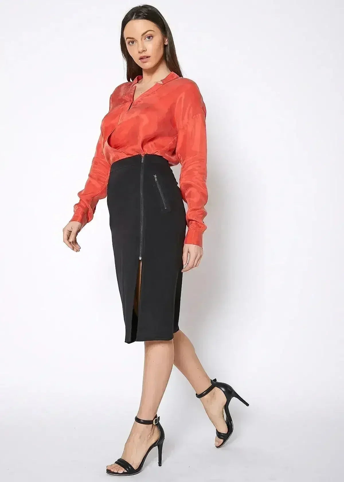 Women's Zip Up Slit Hem Midi Skirt - Femstylo
