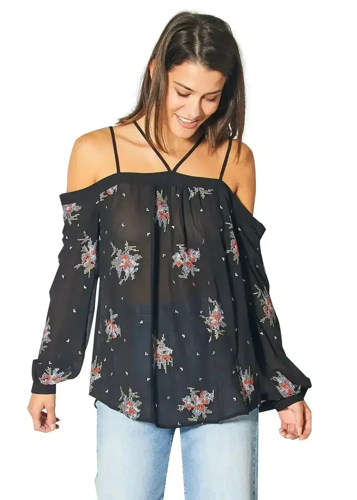 Off Shoulder Embroidery Print Blouse in Black | Femstylo - Femstylo