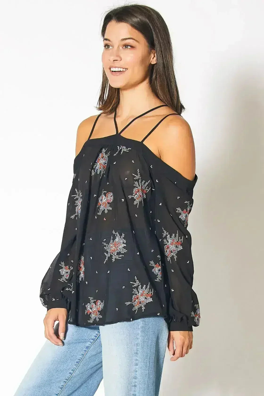Off Shoulder Embroidery Print Blouse in Black | Femstylo - Femstylo