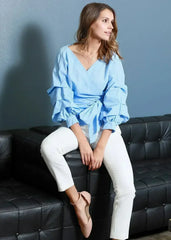 Gathered 3/4 sleeve Wrap Blouse In Blue For Women | Femstylo - Femstylo