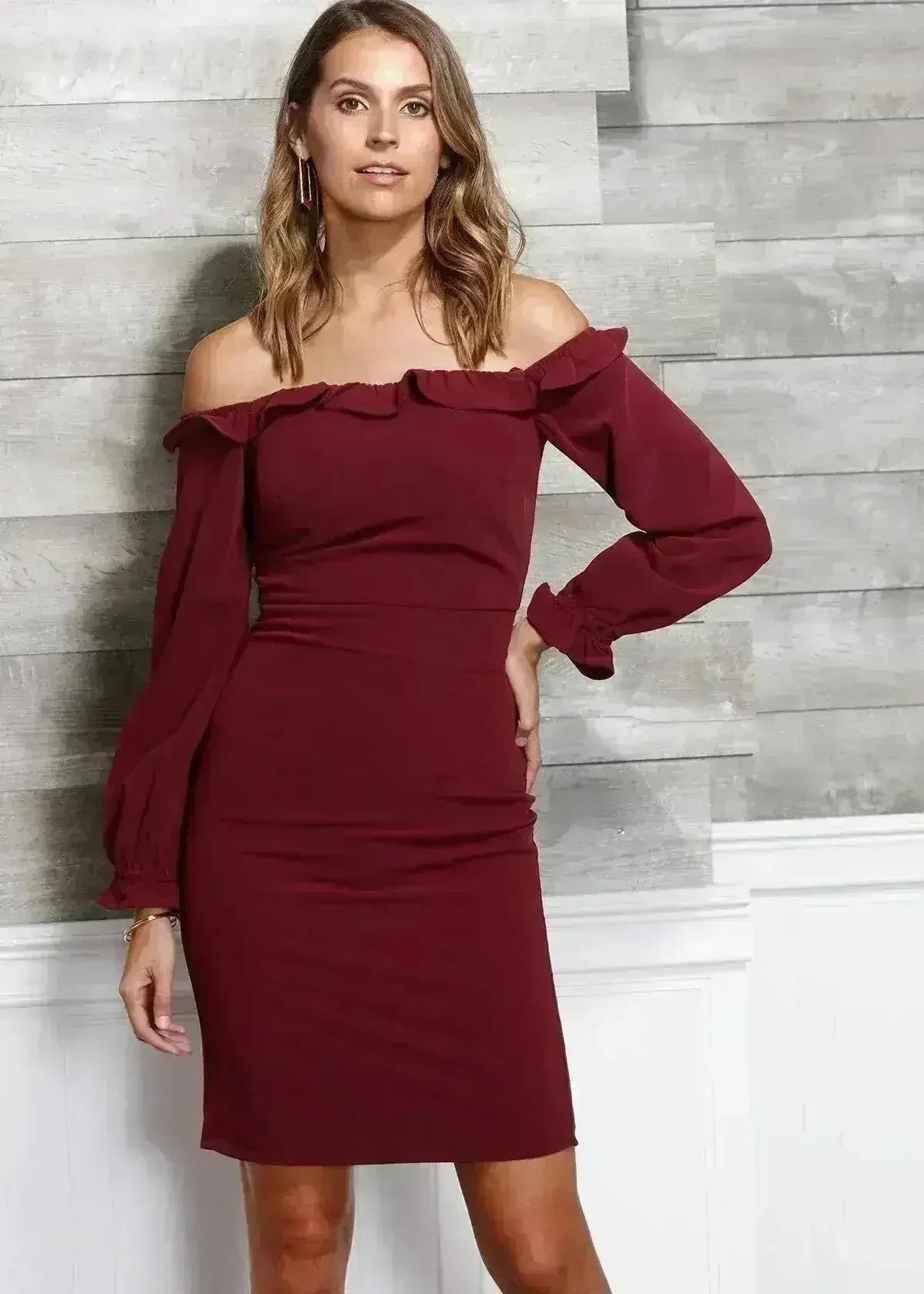 Women's Off Shoulder Bodycon Dress In Red - Femstylo