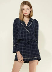 Women's Grid Print Pajama Blouse In Navy Plaid - Femstylo