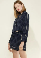 Women's Grid Print Pajama Blouse In Navy Plaid - Femstylo