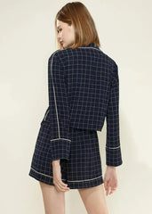 Women's Grid Print Pajama Blouse In Navy Plaid - Femstylo