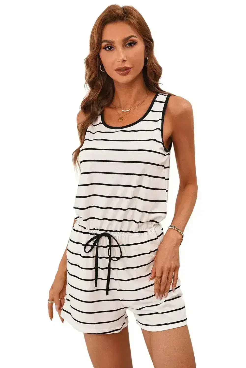 Whit Black Striped Sleeveless Lounging Romper - Femstylo