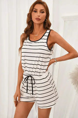 Whit Black Striped Sleeveless Lounging Romper - Femstylo