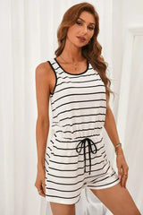Whit Black Striped Sleeveless Lounging Romper - Femstylo