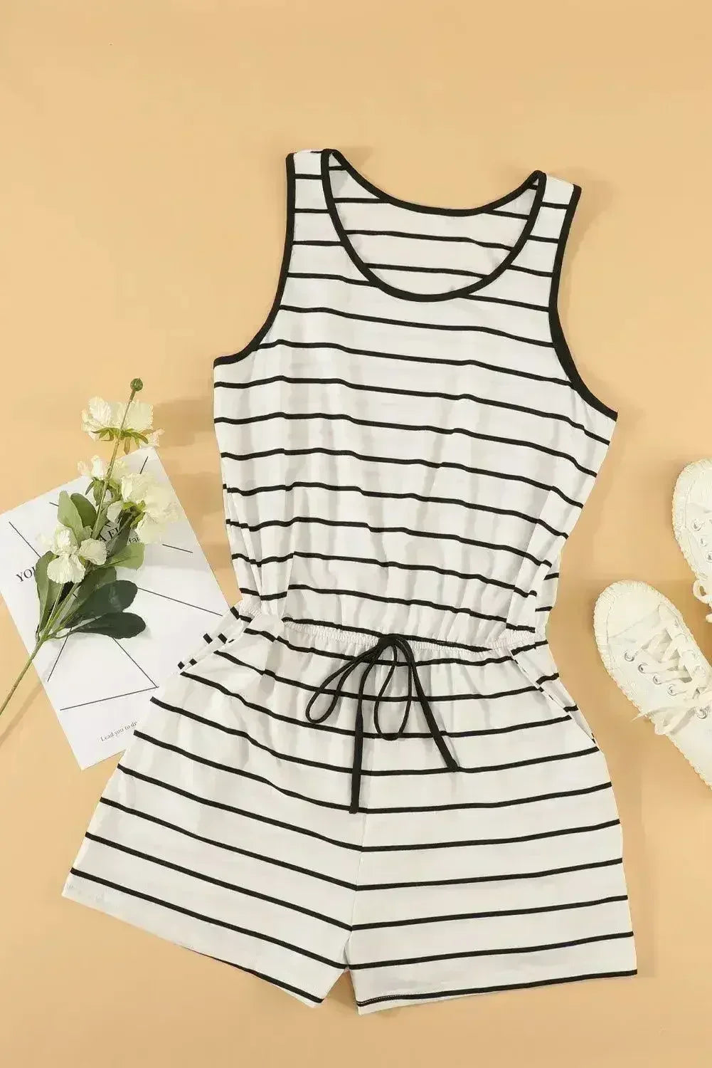 Whit Black Striped Sleeveless Lounging Romper - Femstylo