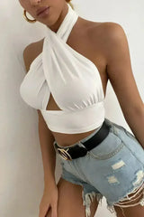 White Cross Front Halter Neck Underbust Top - Femstylo