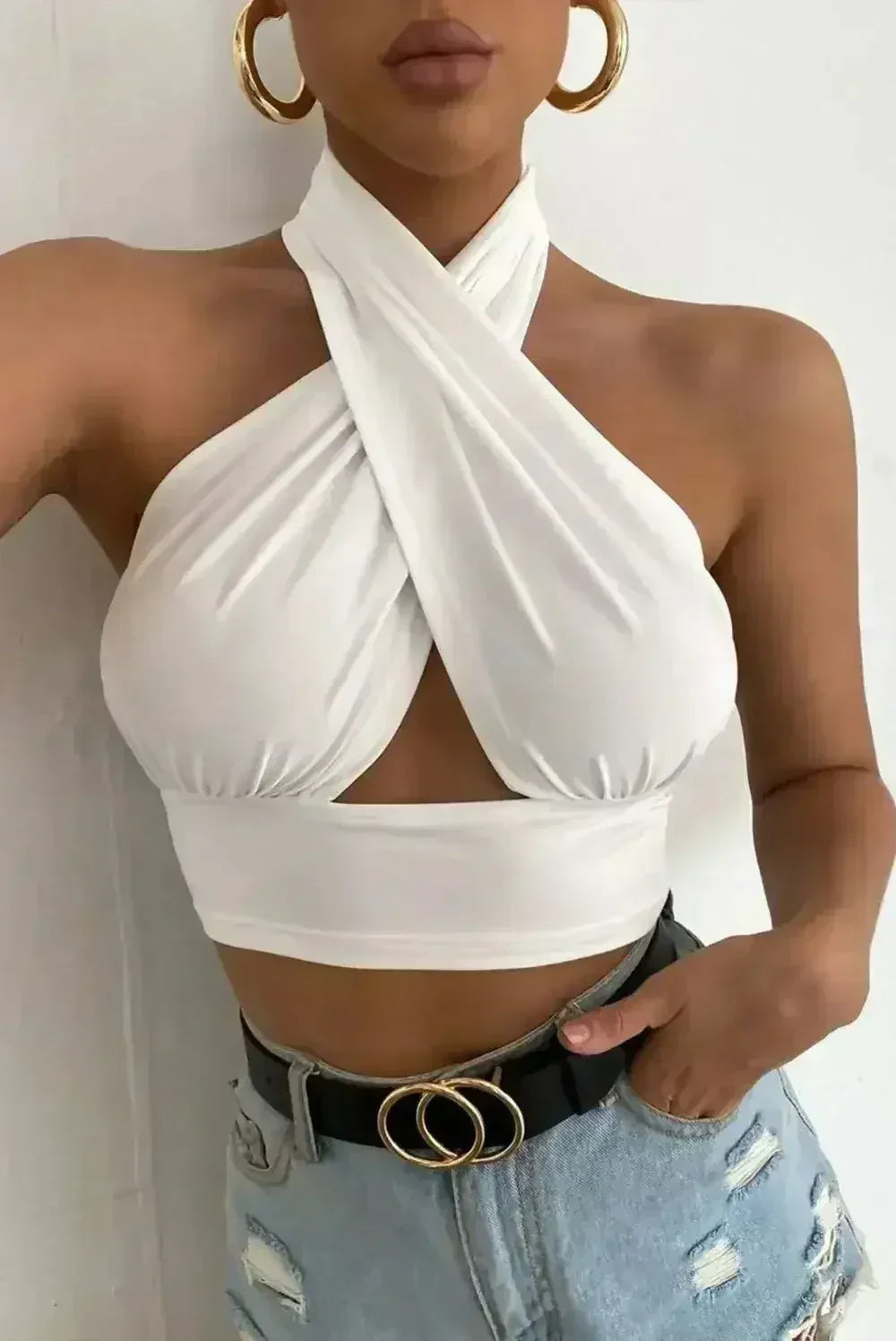 White Cross Front Halter Neck Underbust Top - Femstylo