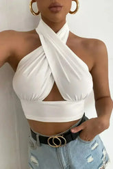 White Cross Front Halter Neck Underbust Top - Femstylo