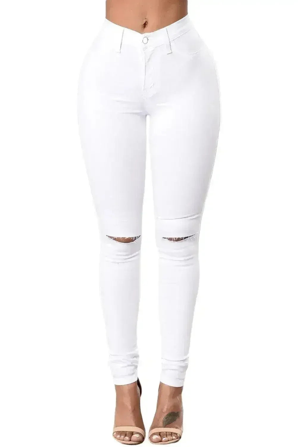 White Trendy Slit Knee Denim Pants - Femstylo