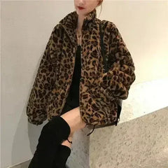 Winter Leopard Print Jacket Women's Stand collar Warm Parkas Outwear - Femstylo