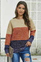 Winter Brown Color Block Netted Texture Pullover Sweater - Femstylo