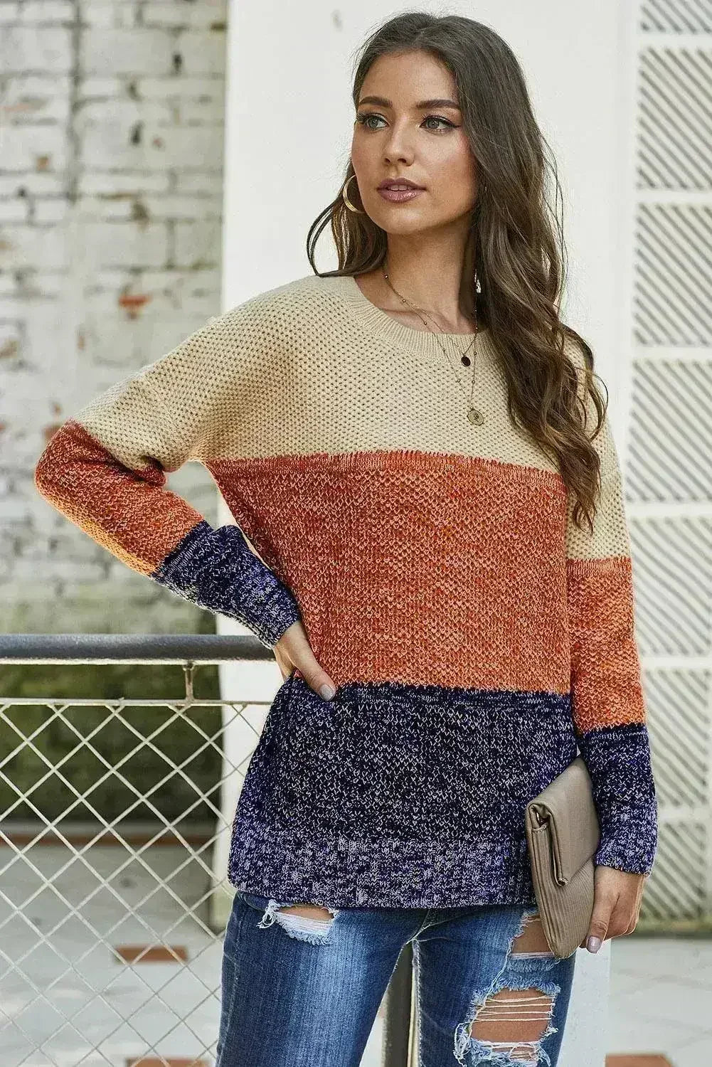 Winter Brown Color Block Netted Texture Pullover Sweater - Femstylo