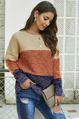 Winter Brown Color Block Netted Texture Pullover Sweater - Femstylo