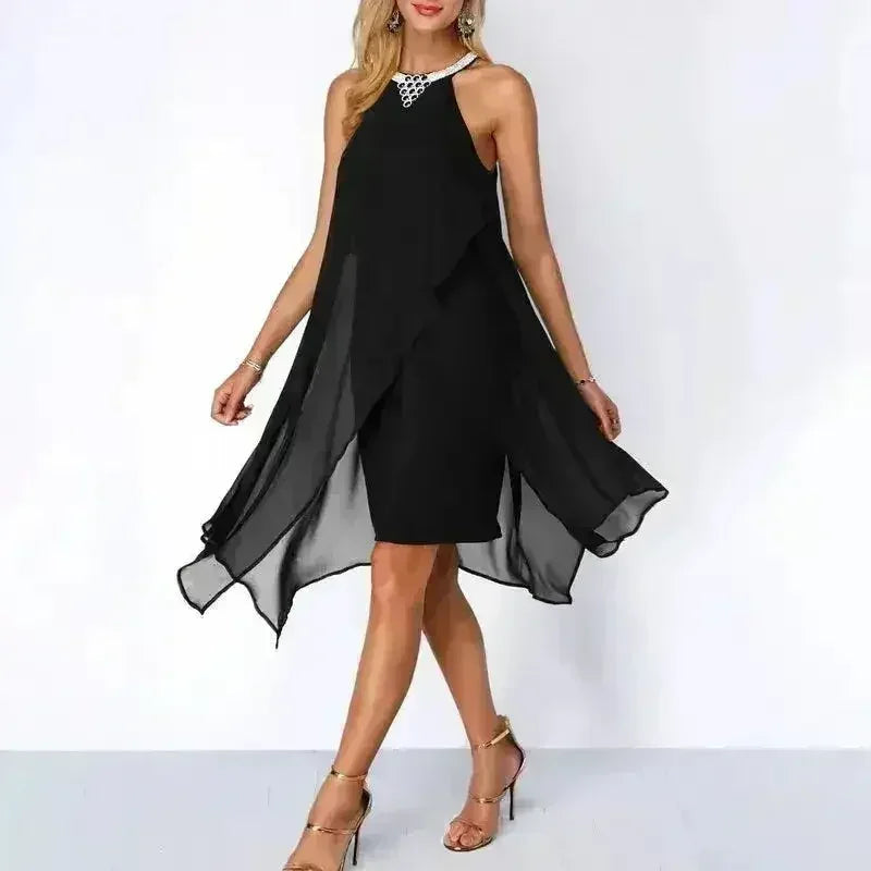 Black Cocktail Dress Summer Round Neck Fashion Chiffon Sleeveless - Femstylo