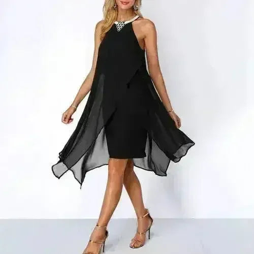 Black Cocktail Dress Summer Round Neck Fashion Chiffon Sleeveless - Femstylo