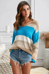 Women Sky Blue V Neck Colorblock Hollow-out Knitted Sweater - Femstylo