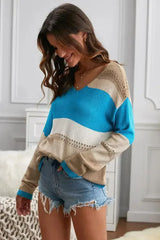 Women Sky Blue V Neck Colorblock Hollow-out Knitted Sweater - Femstylo