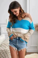 Women Sky Blue V Neck Colorblock Hollow-out Knitted Sweater - Femstylo