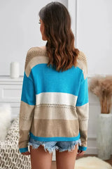 Women Sky Blue V Neck Colorblock Hollow-out Knitted Sweater - Femstylo