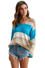 Women Sky Blue V Neck Colorblock Hollow-out Knitted Sweater - Femstylo