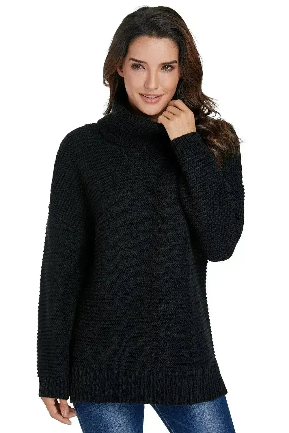 Women Black Cozy Long Sleeves Turtleneck Sweater - Femstylo