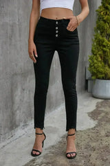 Women's Black Plain High Waist Buttons Frayed Cropped Denim Jeans - Femstylo