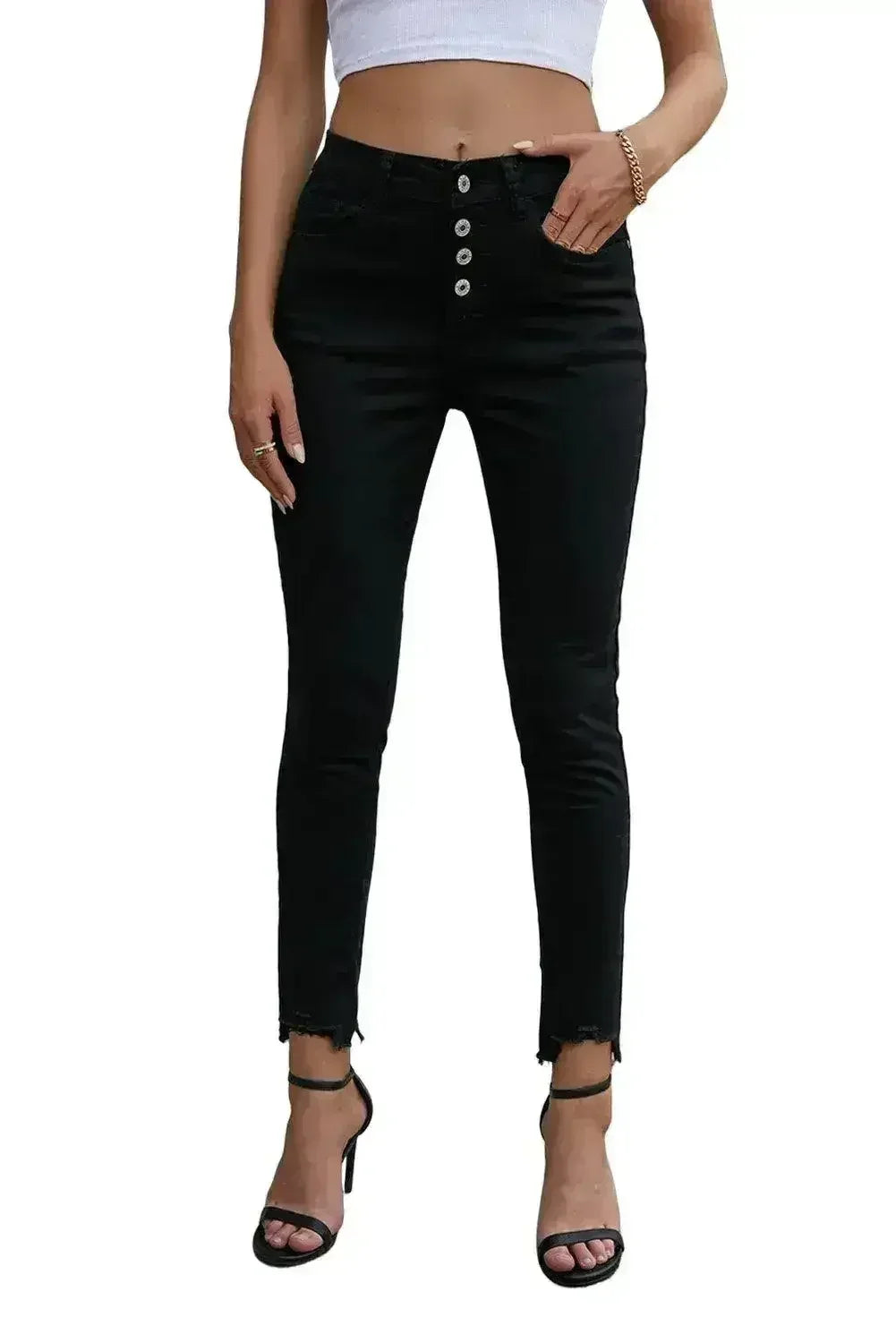 Women's Black Plain High Waist Buttons Frayed Cropped Denim Jeans - Femstylo
