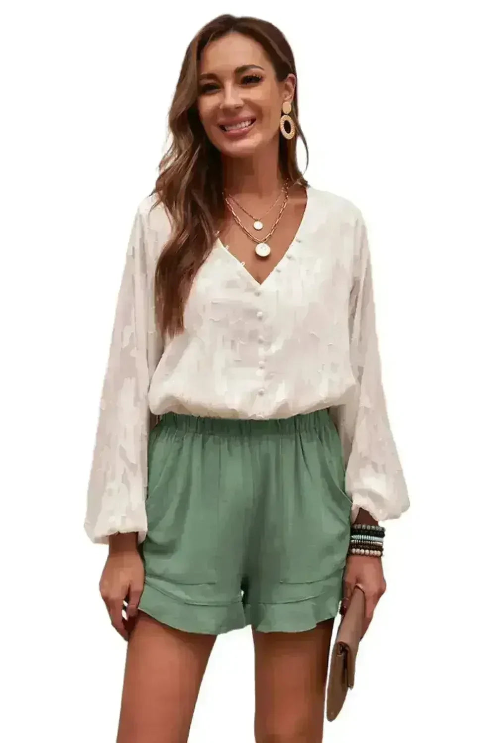 Women's Summer Pocketed Flutter Green Linen Cotton Shorts - Femstylo