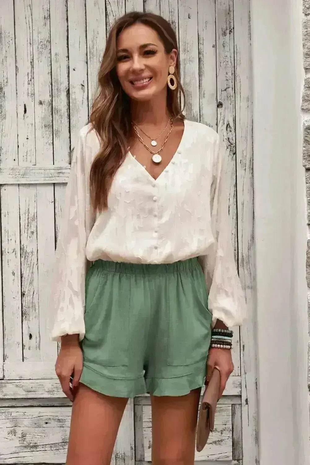 Women's Summer Pocketed Flutter Green Linen Cotton Shorts - Femstylo