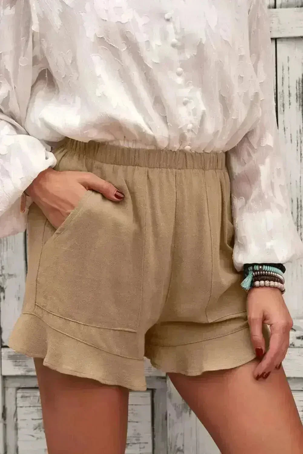 Khaki Flutter Shorts – Women Casual Pockets | Polyester-Spandex Blend - Femstylo