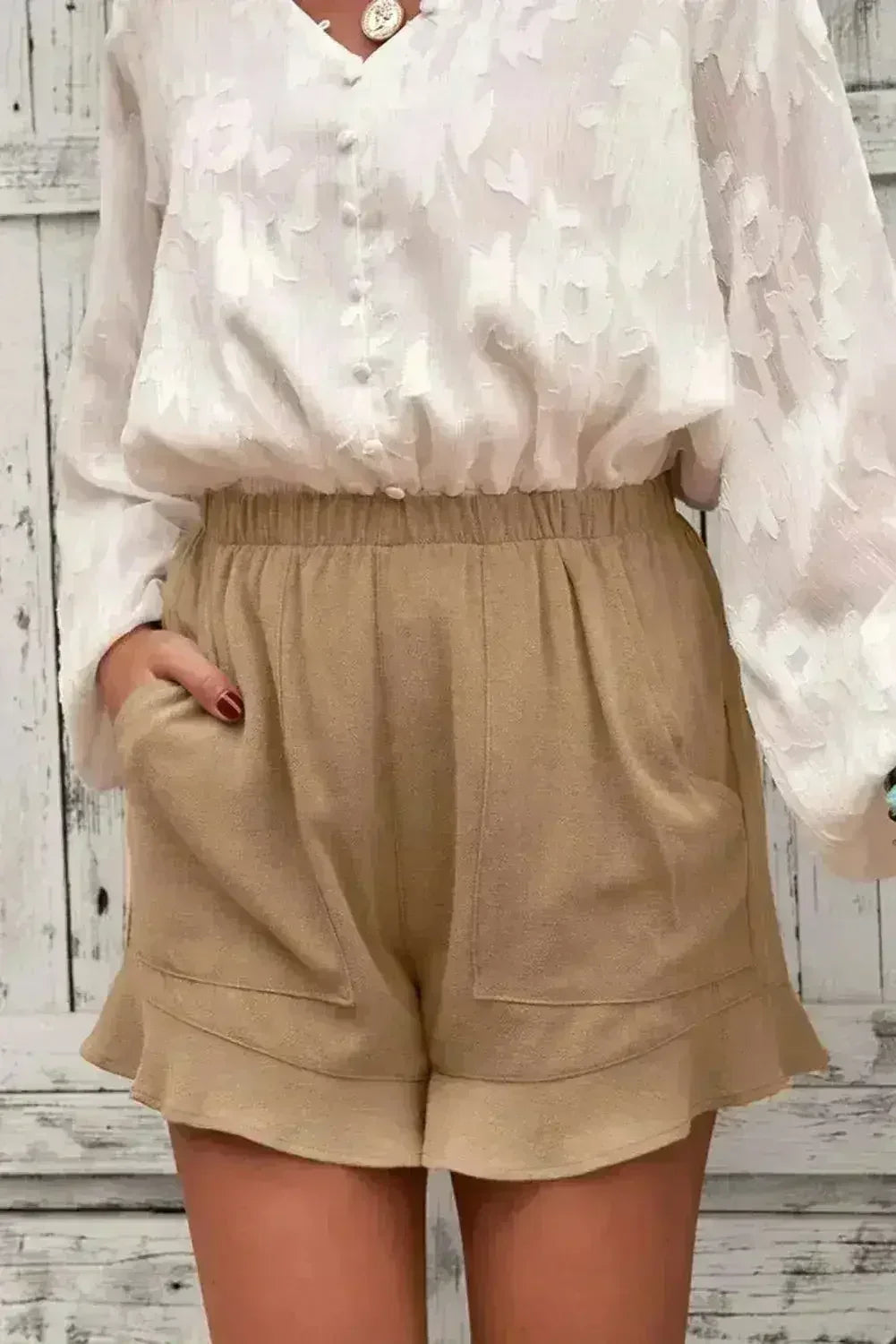 Khaki Flutter Shorts – Women Casual Pockets | Polyester-Spandex Blend - Femstylo