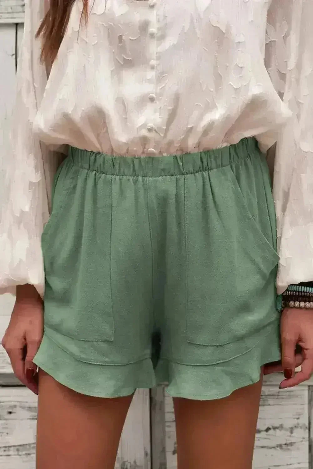 Women's Summer Pocketed Flutter Green Linen Cotton Shorts - Femstylo