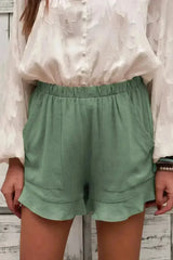 Women's Summer Pocketed Flutter Green Linen Cotton Shorts - Femstylo