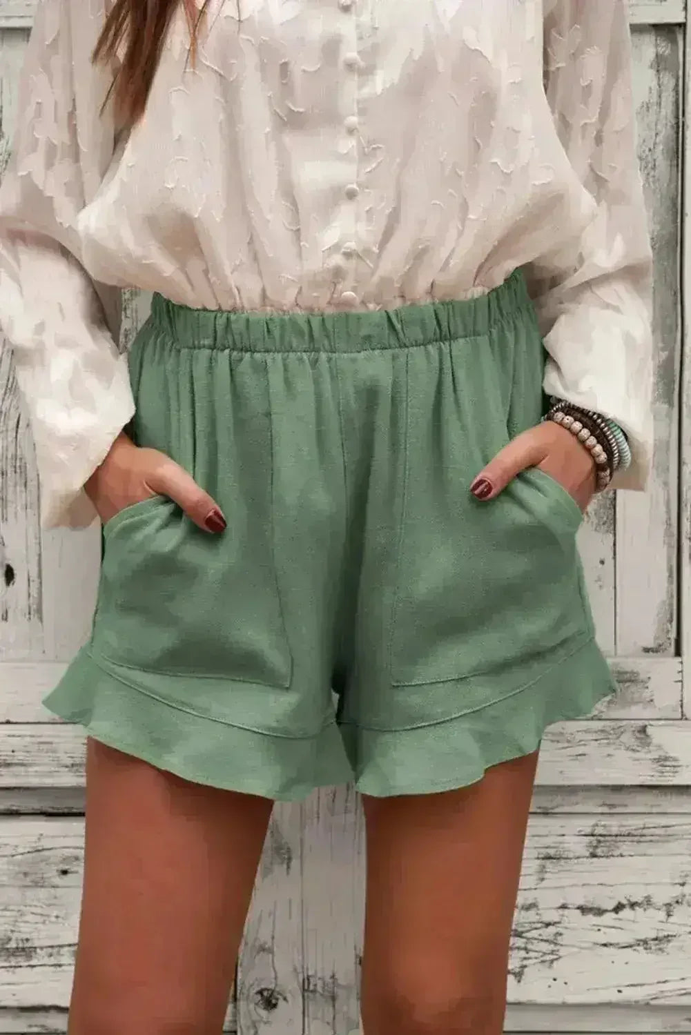 Women's Summer Pocketed Flutter Green Linen Cotton Shorts - Femstylo