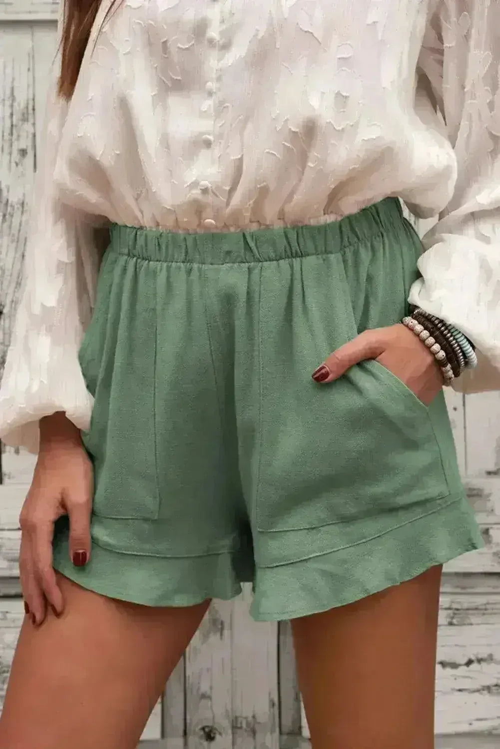 Women's Summer Pocketed Flutter Green Linen Cotton Shorts - Femstylo