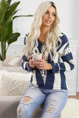 Women's Fashion Blue Animal Print Accent V Neck Sweater - Femstylo